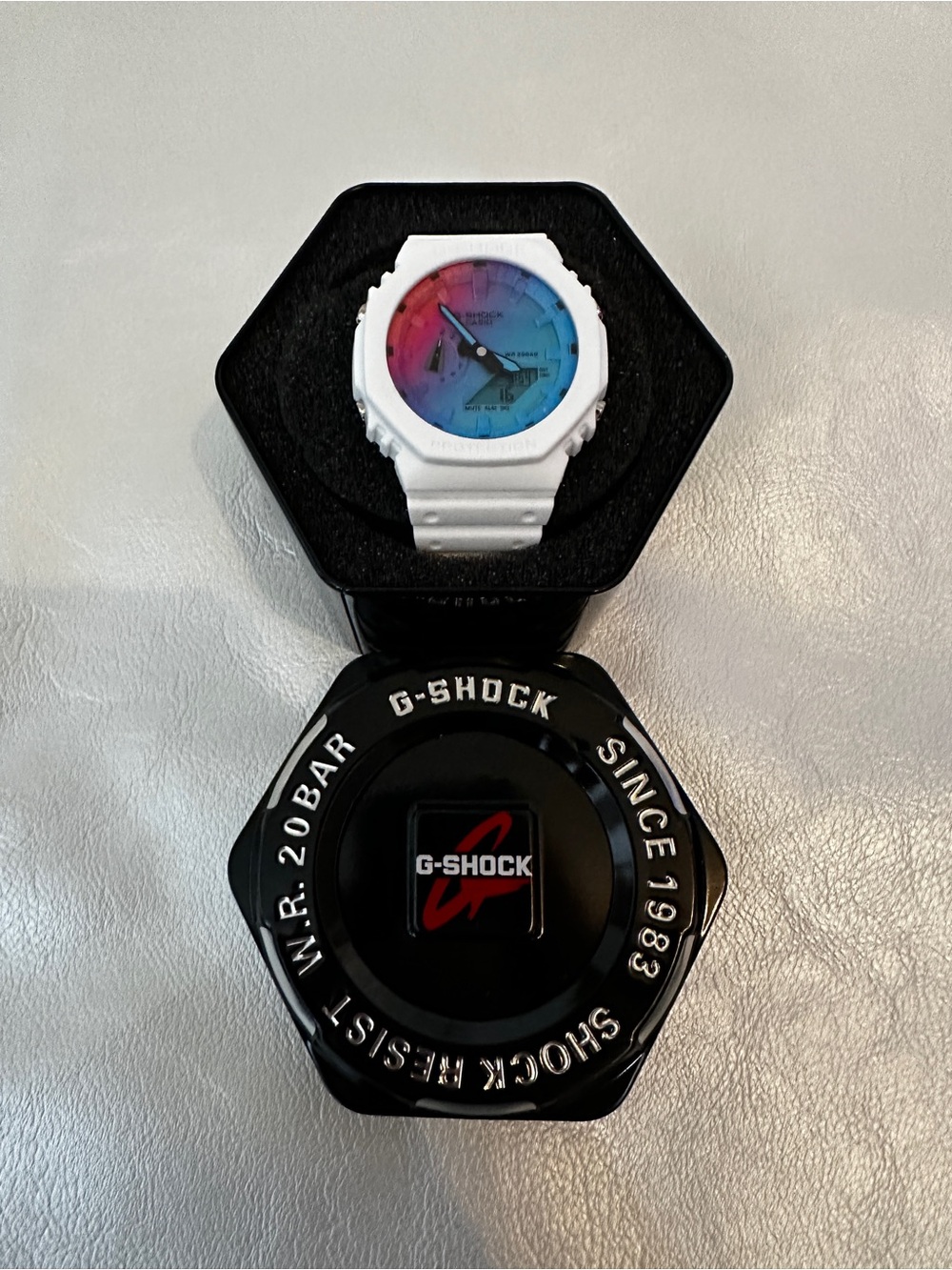 G-Shock White Resin Watch with Blue-Pink Gradient Dial
